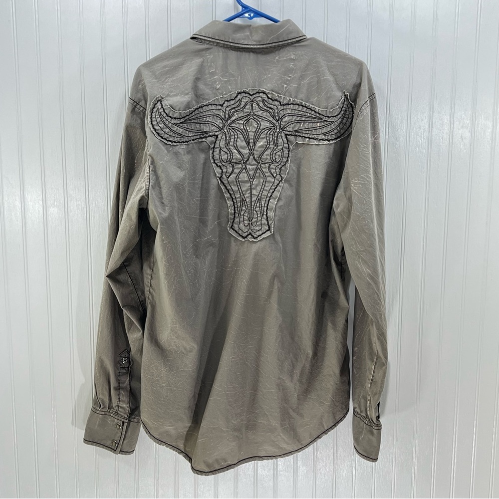 Wrangler Rock 47 Men's Size L Pearl Snap Shirt Bull Skull Western Taupe - Picture 2 of 11